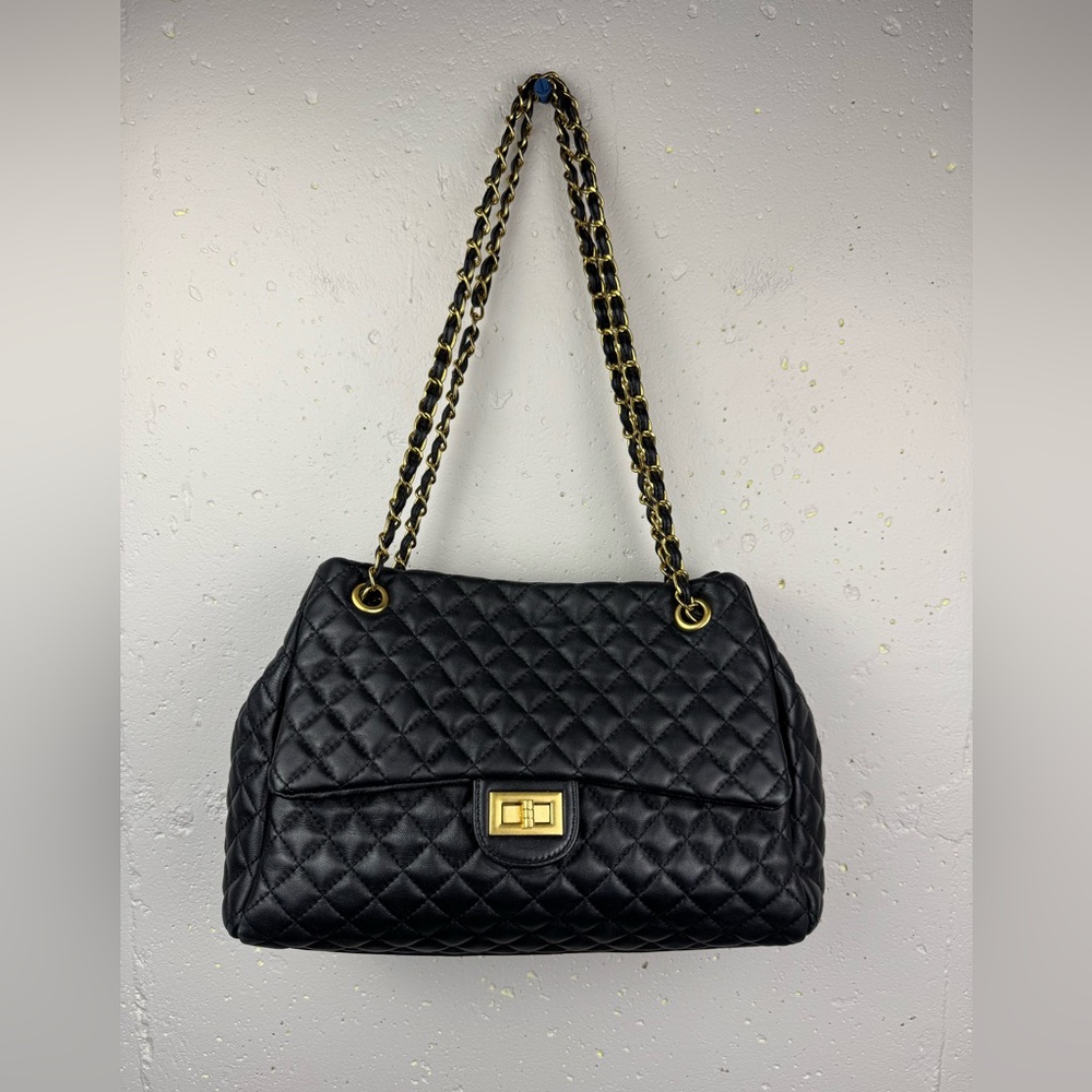 Tiffany & Fred Paris Full-Grain Quilted Sheepskin Black Leather Tote Gold accent - Picture 2 of 15